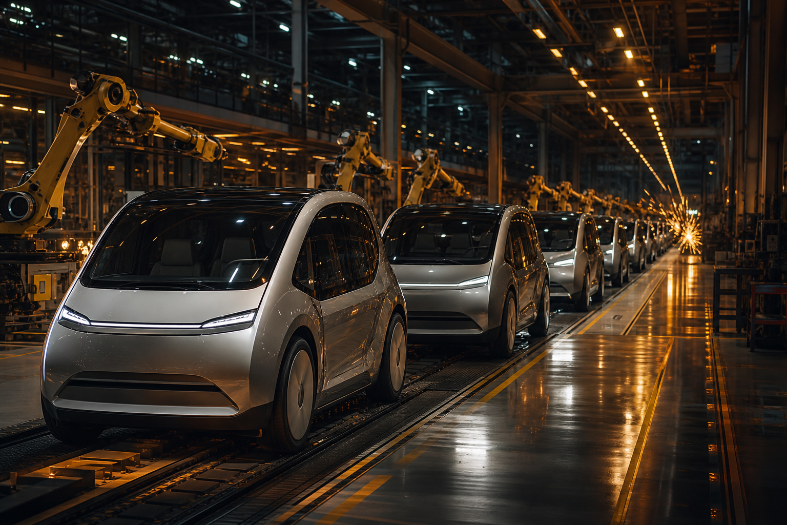 High-volume Tesla vehicle assembly line with industrial robot arms