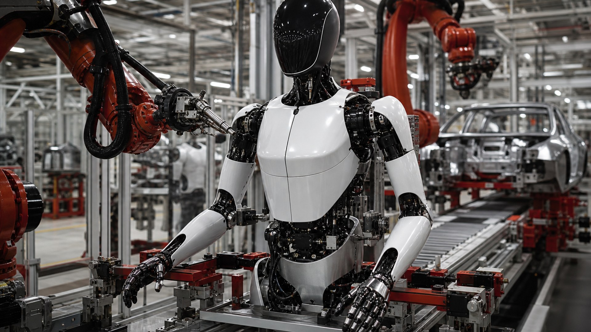 Concept still of a white-and-black humanoid robot on a factory assembly fixture