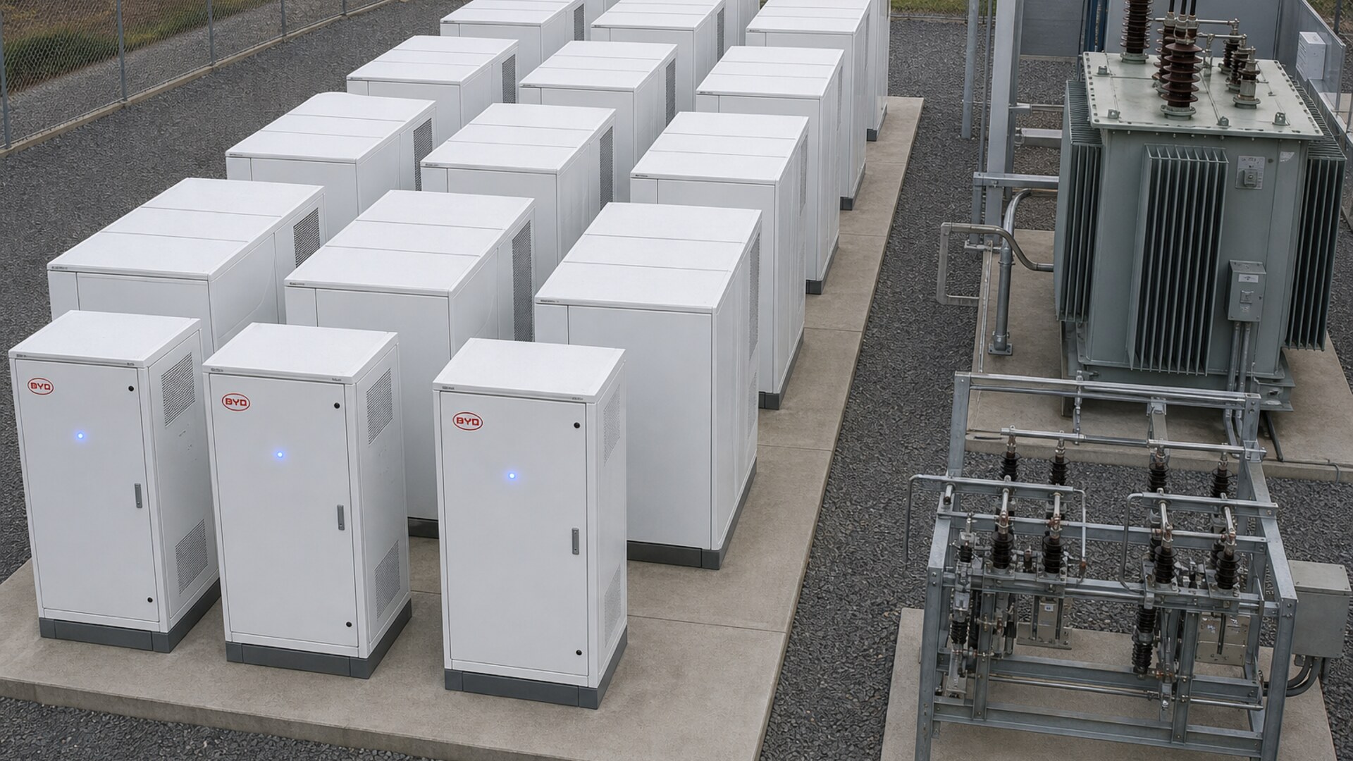 Sixteen white battery cabinets and a transformer