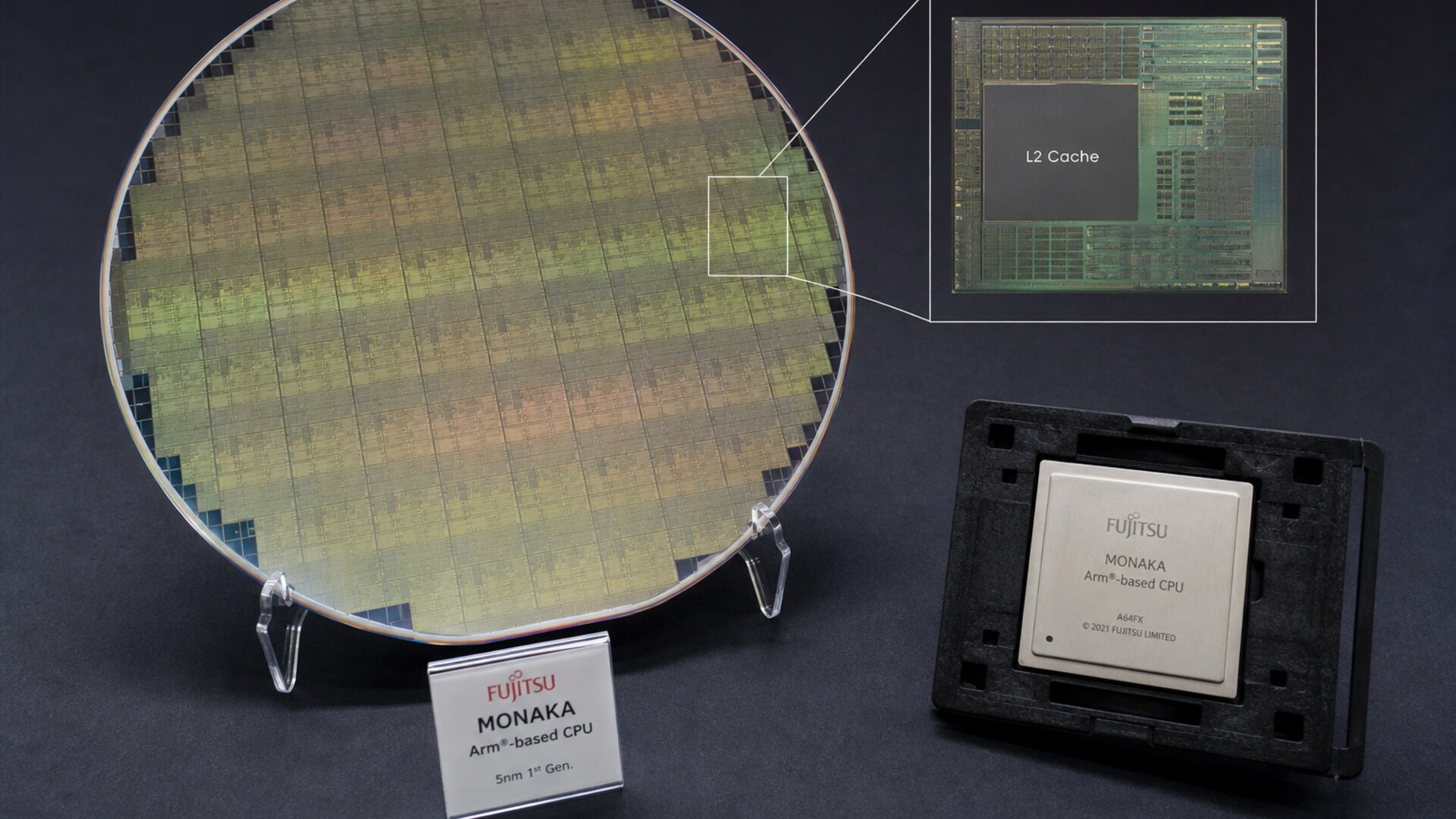 Fujitsu Monaka wafer and packaged processor