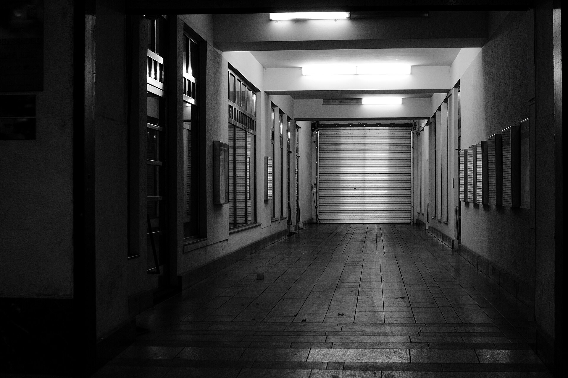 A night corridor in Prague — where the picture was filmed, not a still from it.